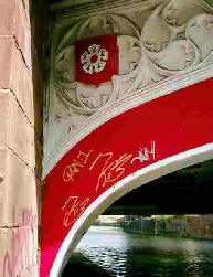 River with bridge covered in graffiti