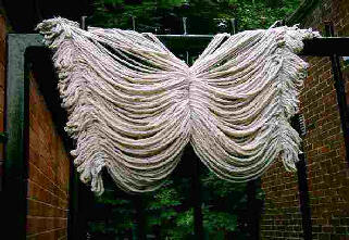Mop hanging up to dry in shape of a butterfly