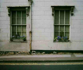 Run down house frontage with blue flowers in window boxes