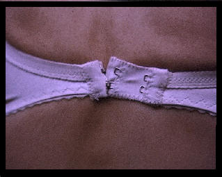 Photo of back of a lady wearing a bra which is half unhooked