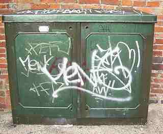 telephone box with graffiti